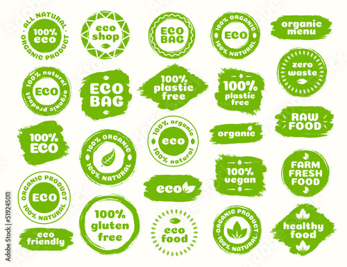 Eco logo set for natural product, eco bag, nature shop, plastic free, healthy vegan food, organic product, fresh farm, gluten free, bio label watercolor texture isolated on white background. 10 eps