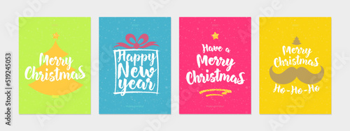 Happy New Year greeting card set with christmas emblem with sign Merry Christmas on snow holiday background flat style. Vector Illustration 10 eps