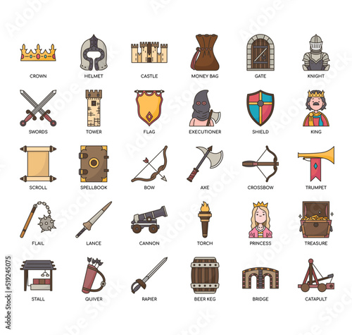 Set of Medieval thin line icons for any web and app project.