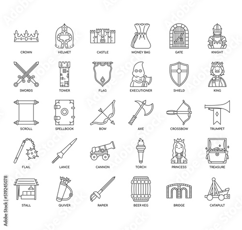 Set of Medieval thin line icons for any web and app project.