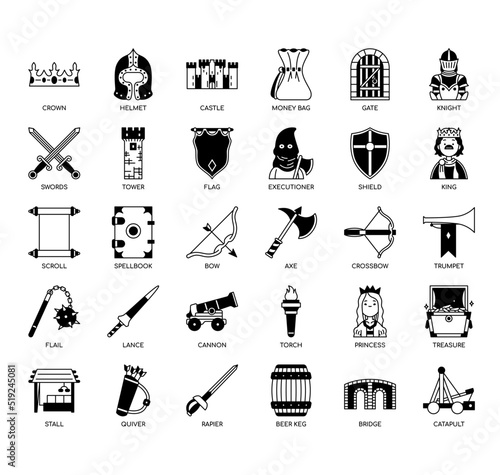 Set of Medieval thin line icons for any web and app project.