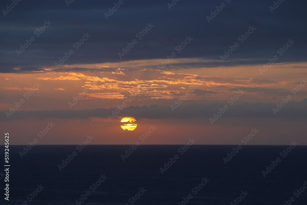 Dawn Break Sun Over Overcast Ocean Horizon Dawn Break Sun Over Overcast Ocean Horizon