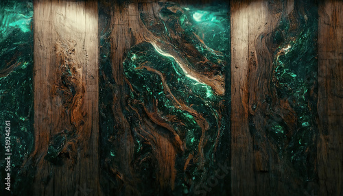 Fototapeta Naklejka Na Ścianę i Meble -  Texture of old dark wood with stain and emerald epoxy in cracks. Beautiful modern wooden background with resin. 3D illustration.