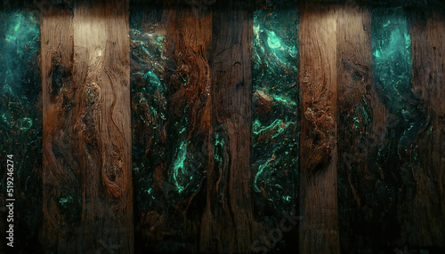 Fototapeta Naklejka Na Ścianę i Meble -  Texture of old dark wood with stain and emerald epoxy in cracks. Beautiful modern wooden background with resin. 3D illustration.