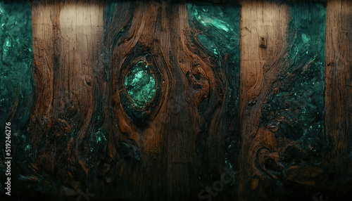Fototapeta Naklejka Na Ścianę i Meble -  Texture of old dark wood with stain and emerald epoxy in cracks. Beautiful modern wooden background with resin. 3D illustration.