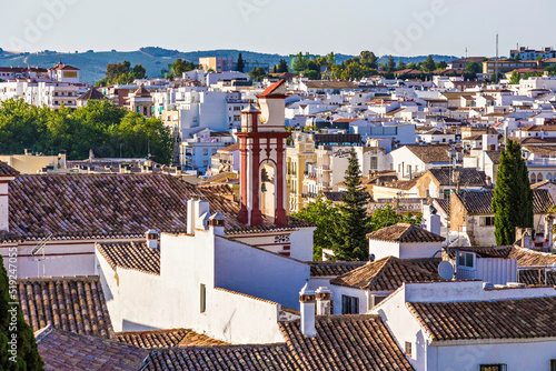 Aerial view of beautiful Ronda town, tiled roofs and white houses, Andalusia, Spain, Ronda view from the Church of Santa Maria la Mayor, Spain