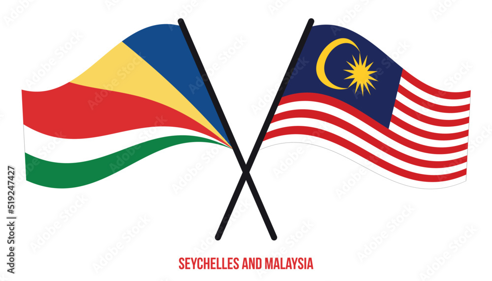 Seychelles and Malaysia Flags Crossed And Waving Flat Style. Official Proportion. Correct Colors.