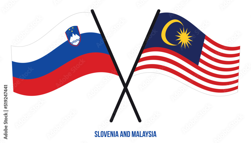 Slovenia and Malaysia Flags Crossed And Waving Flat Style. Official Proportion. Correct Colors.