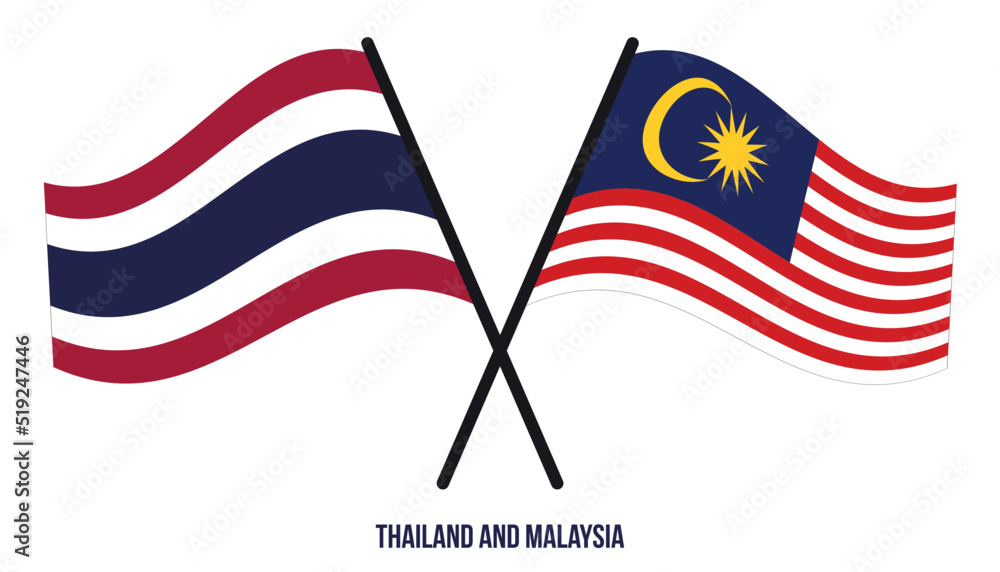 Thailand and Malaysia Flags Crossed And Waving Flat Style. Official Proportion. Correct Colors.