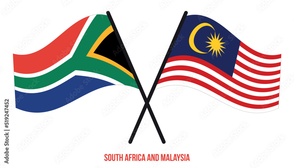 South Africa and Malaysia Flags Crossed And Waving Flat Style. Official Proportion. Correct Colors.