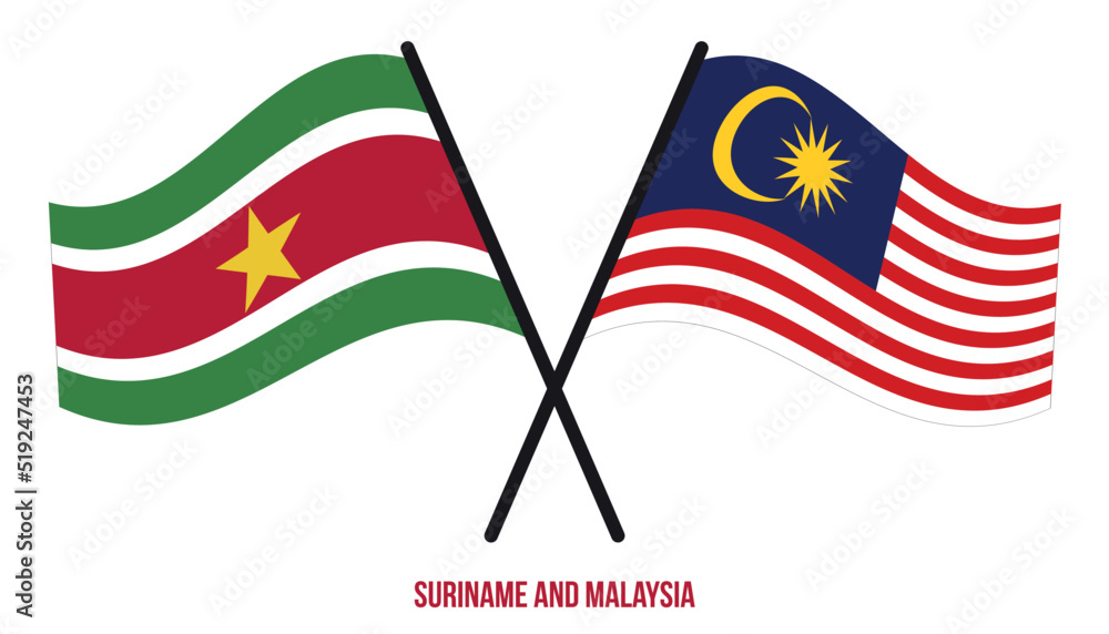 Suriname and Malaysia Flags Crossed And Waving Flat Style. Official Proportion. Correct Colors.