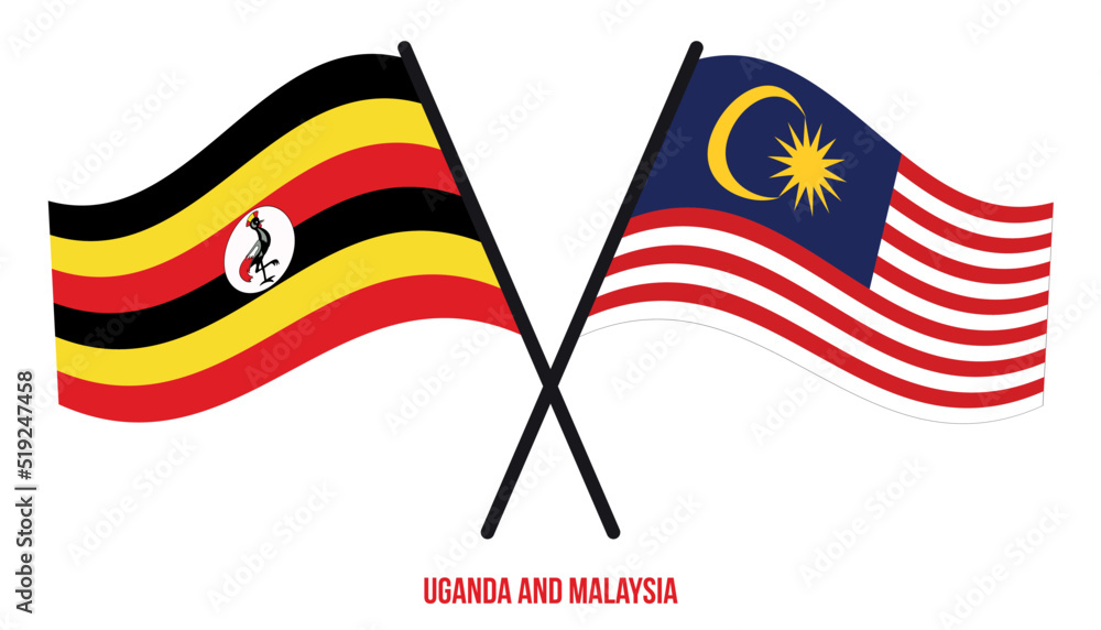 Uganda and Malaysia Flags Crossed And Waving Flat Style. Official Proportion. Correct Colors.
