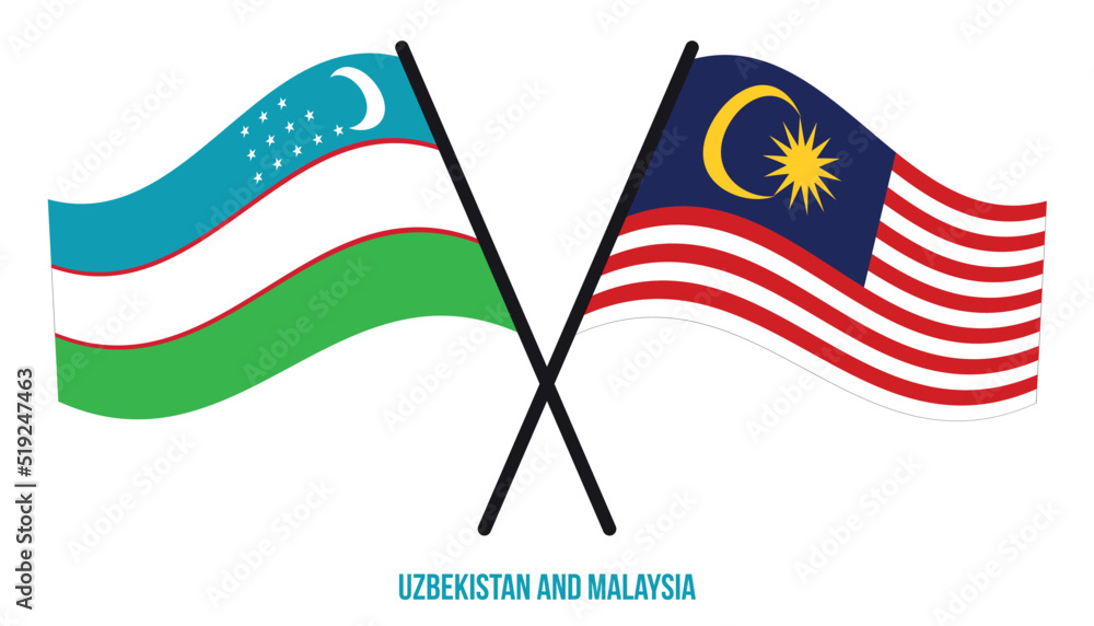 Uzbekistan and Malaysia Flags Crossed And Waving Flat Style. Official Proportion. Correct Colors.