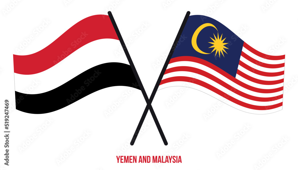 Yemen and Malaysia Flags Crossed And Waving Flat Style. Official Proportion. Correct Colors.