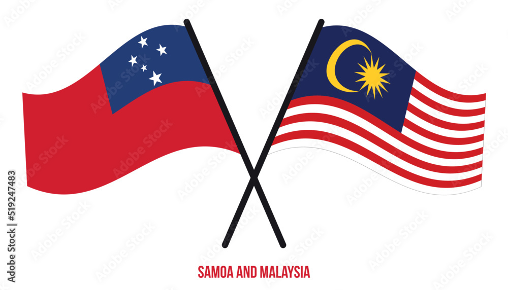 Samoa and Malaysia Flags Crossed And Waving Flat Style. Official Proportion. Correct Colors.