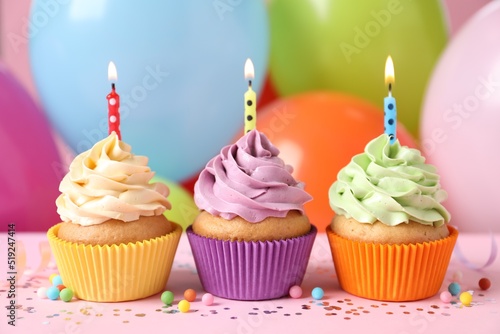 Birthday cupcakes with burning candles and sprinkles on pink table against color balloons  closeup