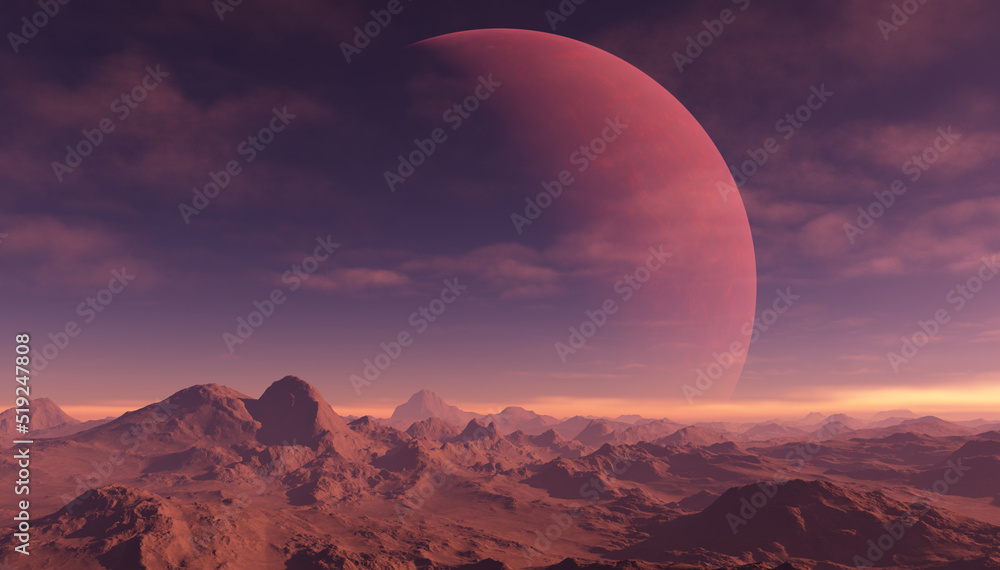 3d rendered Space Art: Alien Planet - A Fantasy Landscape with red planet and red skies