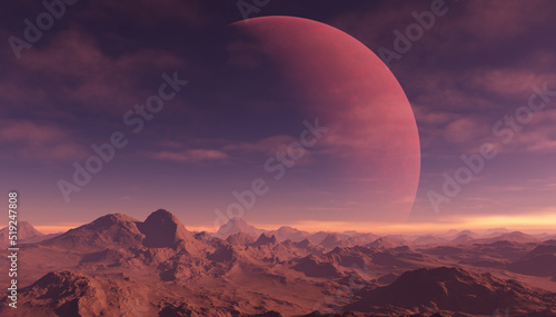 3d rendered Space Art  Alien Planet - A Fantasy Landscape with red planet and red skies