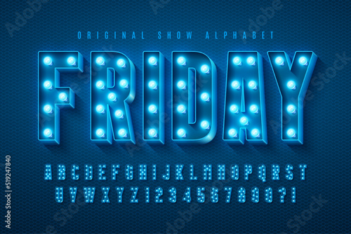 Retro cinema alphabet design, cabaret, LED lamps letters and numbers.