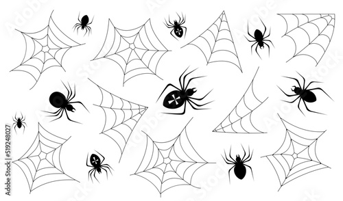 Cobwebs and spiders for Halloween. Scary collection for party, holiday and decoration. Background template with horrible spiders and creepy cobwebs. Isolated black silhouette. Vector illustration