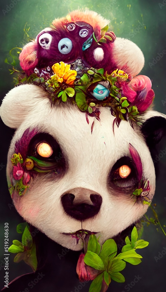 A fantasy panda with flowers and a beautiful magical fairy tale enchanted  forest. Artistic abstract beautiful nature. Perfect for phone wallpaper or  for posters. Stock Illustration | Adobe Stock