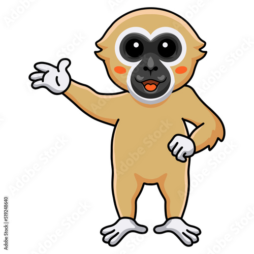 Cute white handed gibbon monkey cartoon waving hand