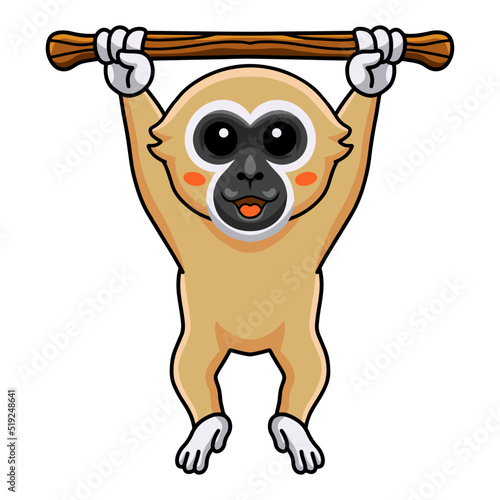 Cute white handed gibbon monkey cartoon hanging on tree