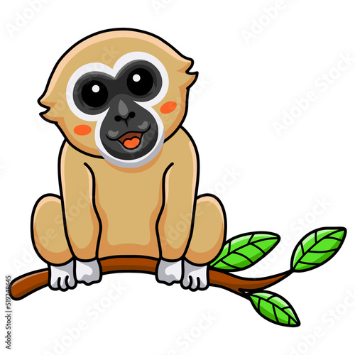 Cute white handed gibbon monkey cartoon on tree