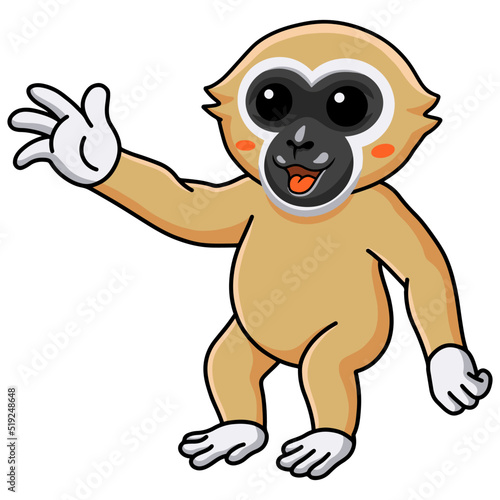 Cute white handed gibbon monkey cartoon waving hand