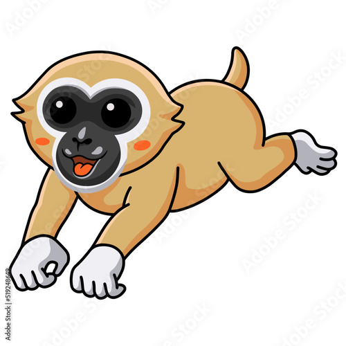 Cute white handed gibbon monkey cartoon jumping
