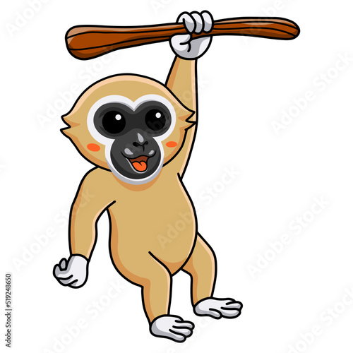 Cute white handed gibbon monkey cartoon hanging on tree