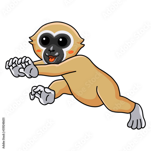 Cute white handed gibbon monkey cartoon walking