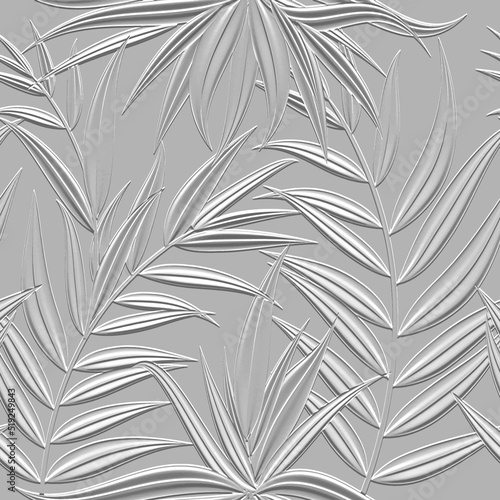 Floral textured line art tracery 3d seamless pattern. Tropical palm leaves relief background. Repeat embossed white backdrop. Surface leaves, branches. 3d endless leafy ornament with embossing effect