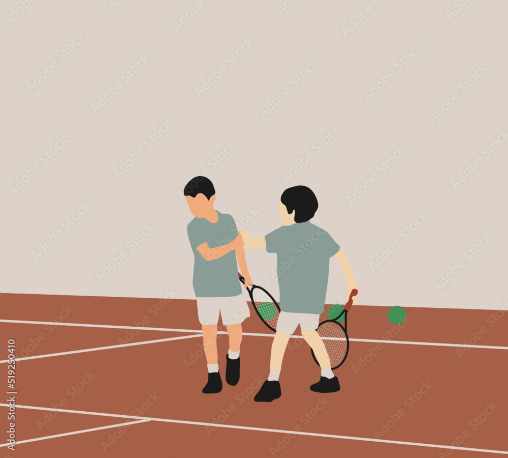 Fototapeta premium Boys playing tennis with rackets and balls in summer camp at court. Sport, group activity, training and education