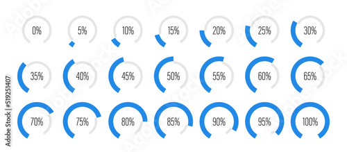 Set of circular sector arc percentage diagrams meters from 0 to 100 ready-to-use for web design, user interface UI or infographic - indicator with blue