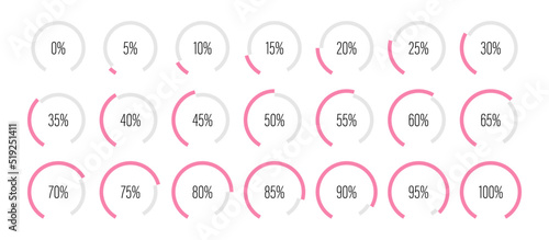 Set of circular sector arc percentage diagrams meters from 0 to 100 ready-to-use for web design, user interface UI or infographic - indicator with pink