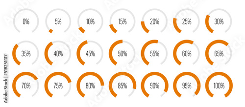 Set of circular sector arc percentage diagrams meters from 0 to 100 ready-to-use for web design, user interface UI or infographic - indicator with orange