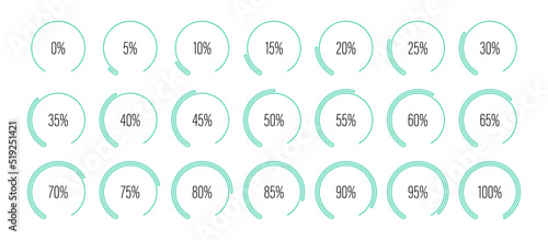 Set of circular sector arc percentage diagrams meters from 0 to 100 ready-to-use for web design, user interface UI or infographic - indicator with green