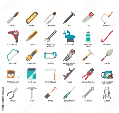 Set of tools supplies  thin line icons for any web and app project.