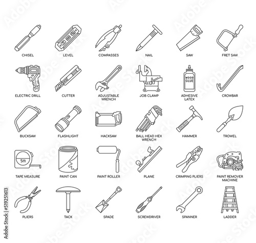Set of tools supplies  thin line icons for any web and app project.