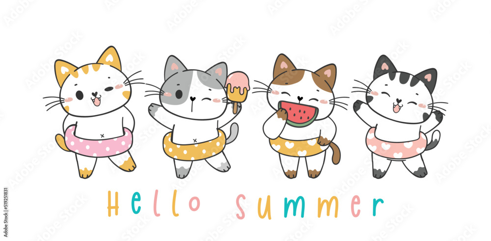 group of cute funny summer kitten cats in swim ring pool float party, cartoon doodle pet animal hand drawn vector