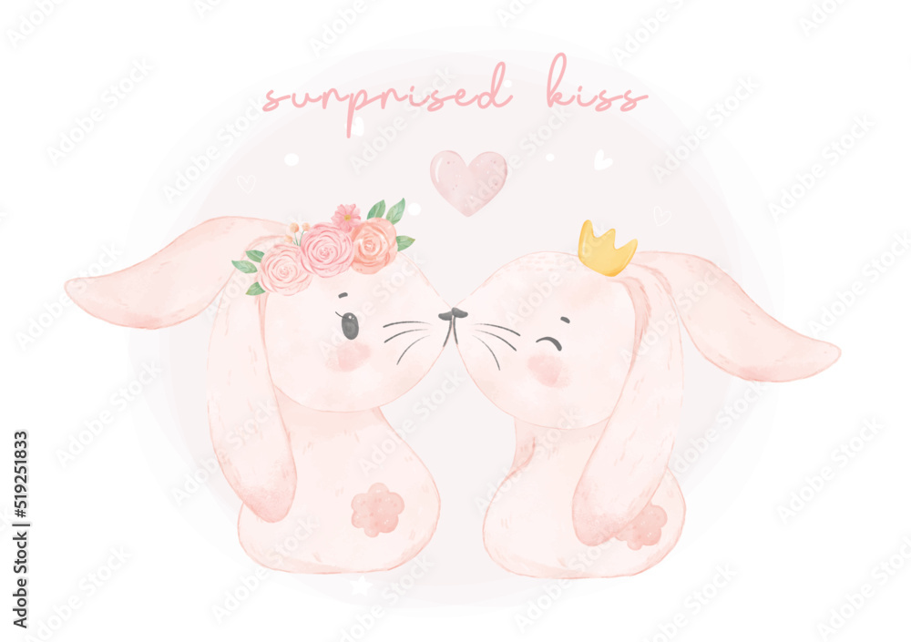 adorable couple pink bunny rabbit boy and girl kissing watercolor, cute animal woodland illustration drawing adorable couple pink bunny rabbit boy and girl kissing watercolor, cute animal woodland illustration drawing