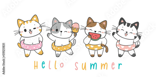 group of cute funny summer kitten cats in swim ring pool float party, cartoon doodle pet animal hand drawn vector