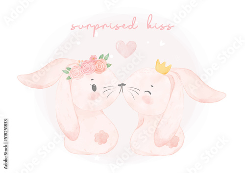 adorable couple pink bunny rabbit boy and girl kissing watercolor, cute animal woodland illustration drawing