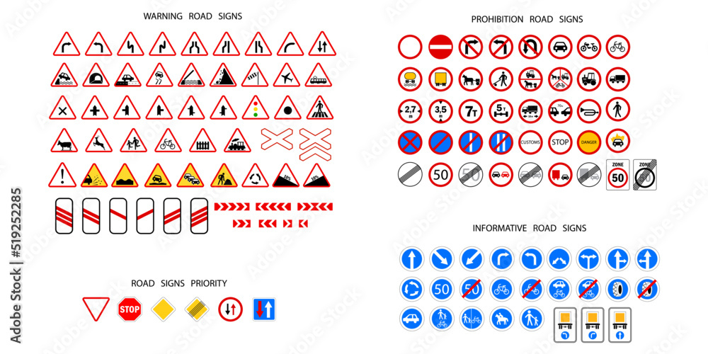Road signs. Traffic, Warning, Prohibition signs. Information signs. Alert message. Vector illustration. Stock image. Road signs. Traffic, Warning, Prohibition signs. Information signs. Alert message. Vector illustration. Stock image.