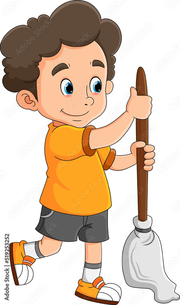 The diligent boy is mopping and cleaning the floor The diligent boy is mopping and cleaning the floor