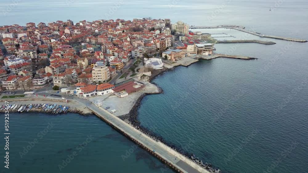 View from a height on the pier of the city - the islands of Pomorie with many boats and boats in the Black Sea View from a height on the pier of the city - the islands of Pomorie with many boats and boats in the Black Sea