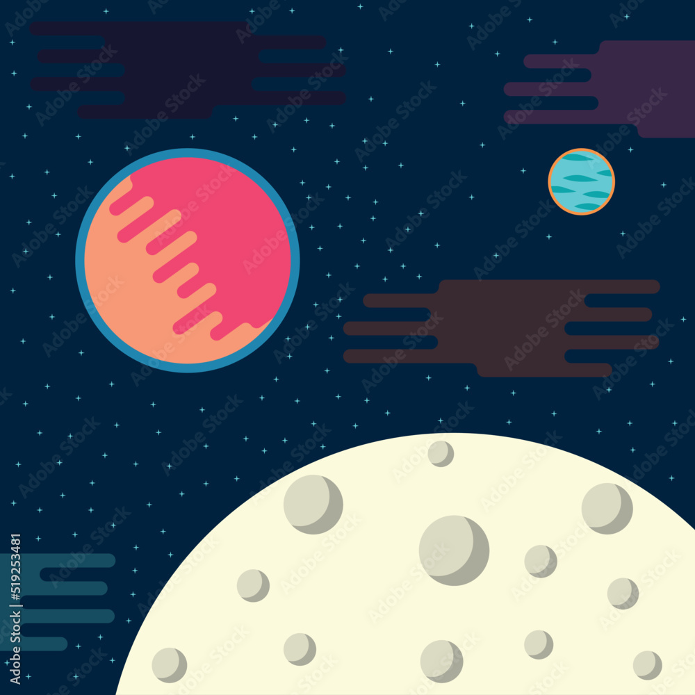 moon illustration with craters, planets, nebulae and stars