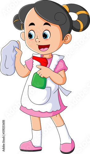 The cute girl is going to clean with a spray and mop while wearing an apron