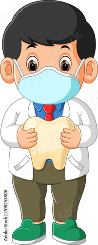 The dentist is wearing masker and holding a big tooth of illustration